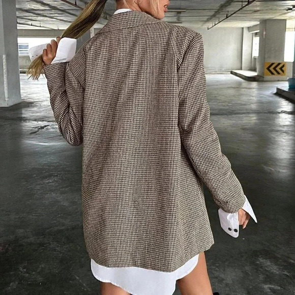 Brown Preppy Womens Lapel Neck Flap Detail Single Button Blazer - Picture 3 of 5